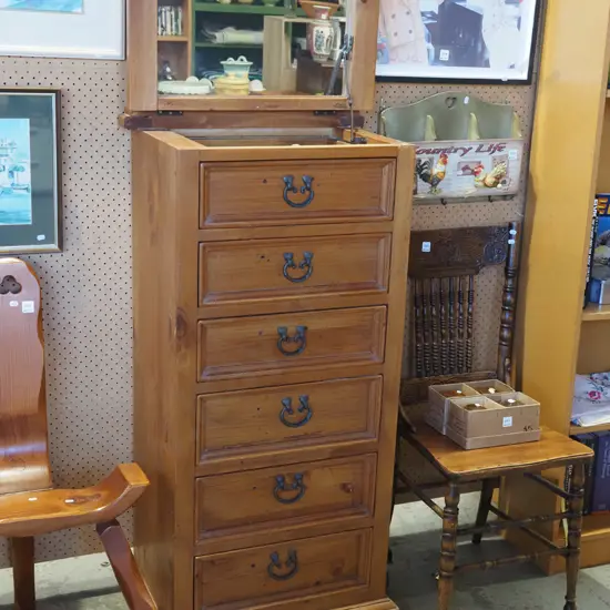 solid pine 6 drawer chest with mirror lift up top H1280 W600 D420