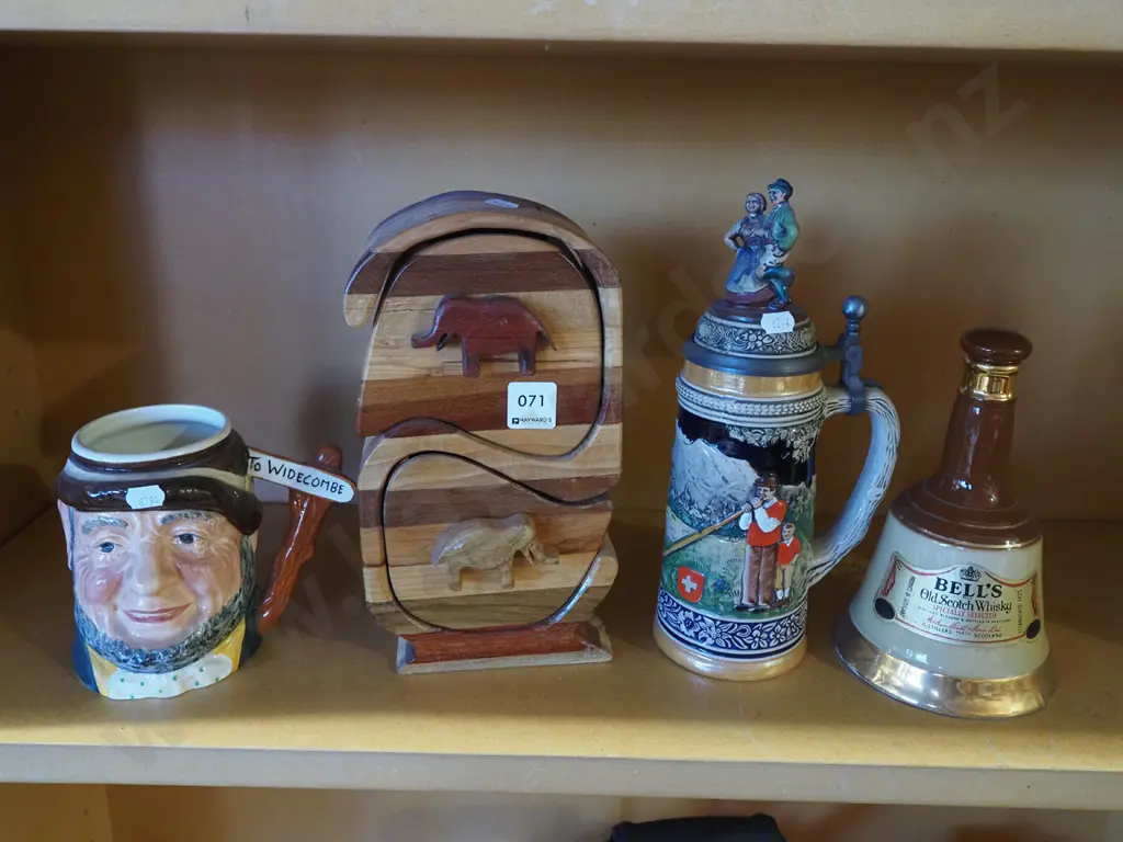 toby jug, beer stein, Bells whisky bottle, mixed timbers drawers H260 Image 1++