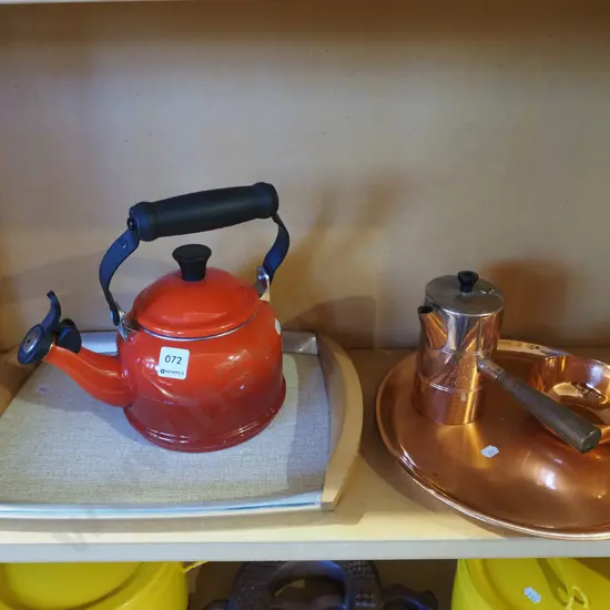 copper pot, copper coffee pot, enamel kettle, serving tray