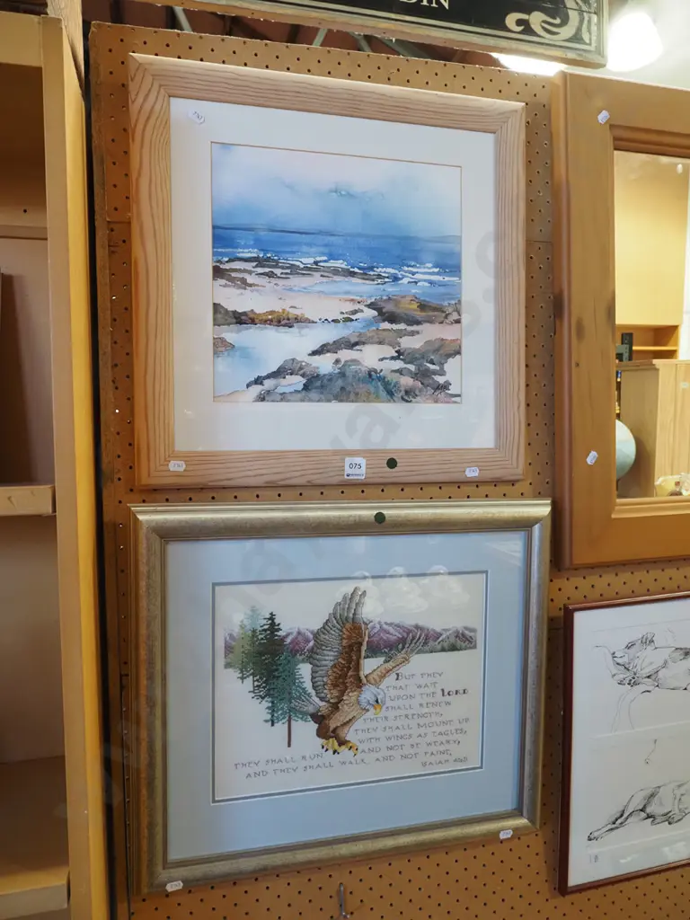framed needlework, framed watercolour - green dots Image 1++