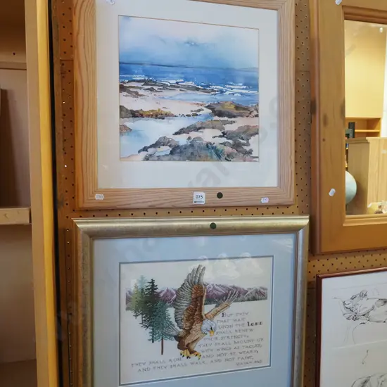 framed needlework, framed watercolour - green dots