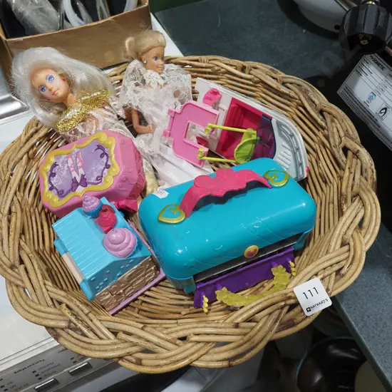 cane tray; Barbies and toys