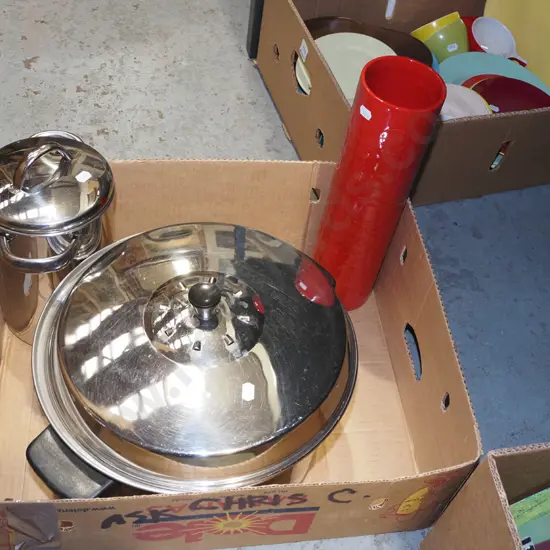 box; stock pot, red vase, asparagus pot