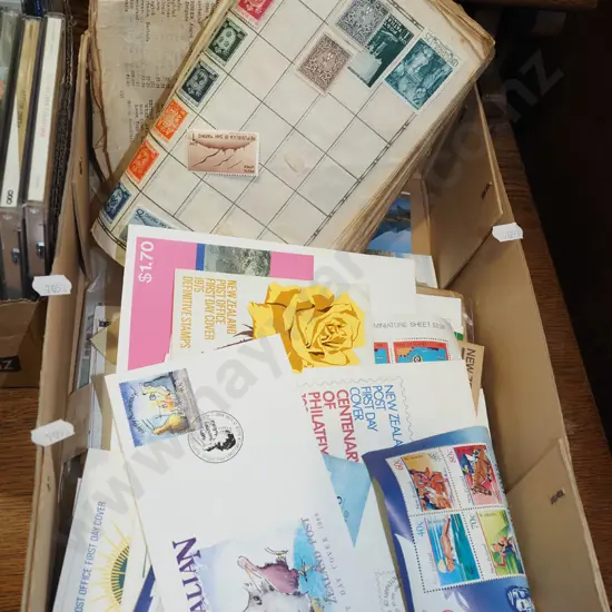 box; first day covers, stamps etc