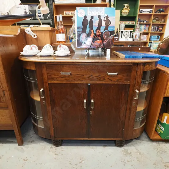 deco oak sideboard with 2 curved leadlight doors, 2x solid doors, 1x drawer H1040 W1380 D500