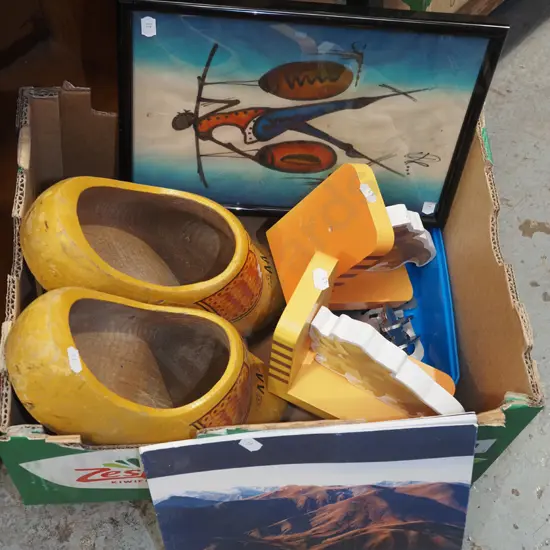 box; clogs, book ends, dinosaur figurine etc