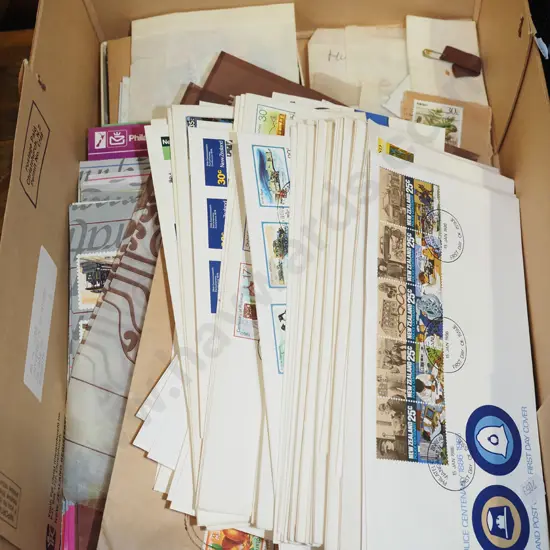 box; first day covers, stamps
