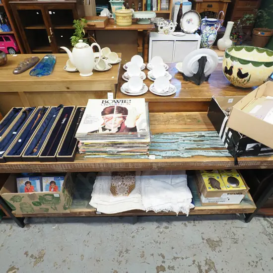 metal and distressed wood 2 tier hall table H620 W1500 D400