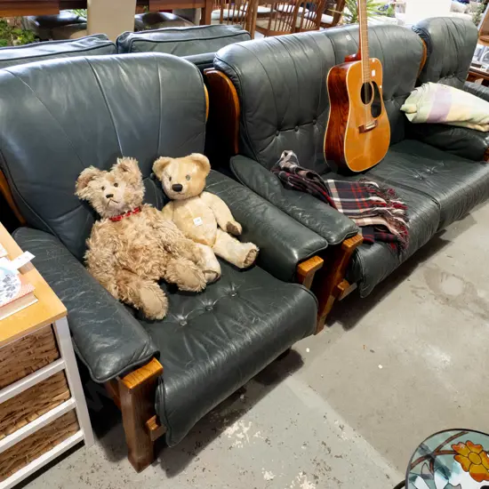 green leather and oak deep buttoned 3 piece lounge suite - 2 seater, 2 singles - age and wear to leather