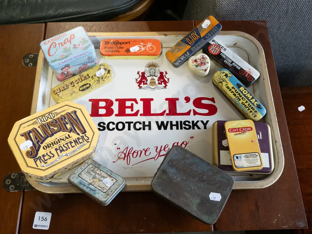 Bell whisky tray and vintage tins Image 1++