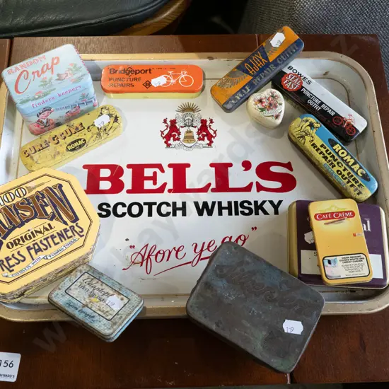Bell whisky tray and vintage tins