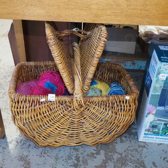 cane picnic hamper; knitting yarn