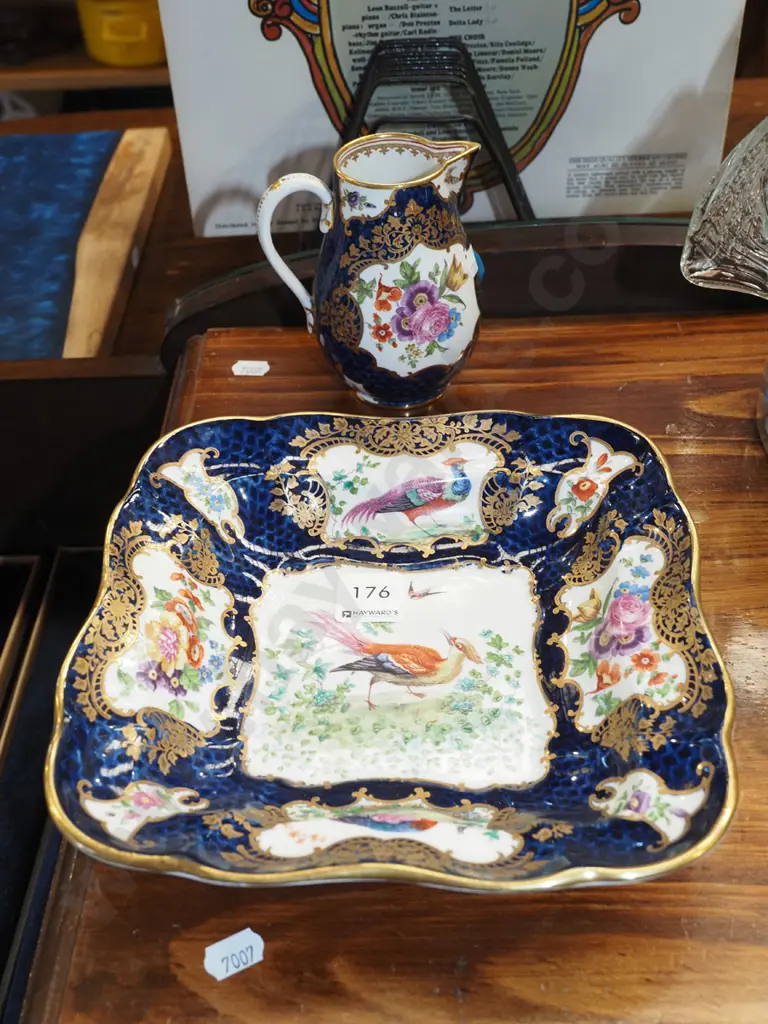 scale blue and gold Worcester style plate and small jug Image 1++