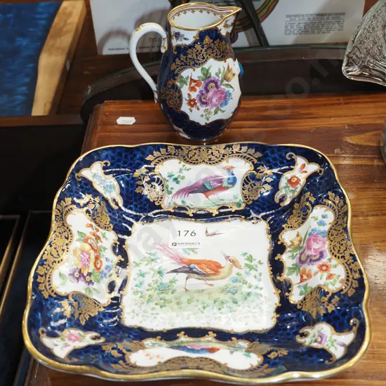 scale blue and gold Worcester style plate and small jug
