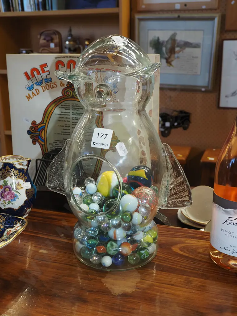 glass penguin container and marbles H320 Image 1++