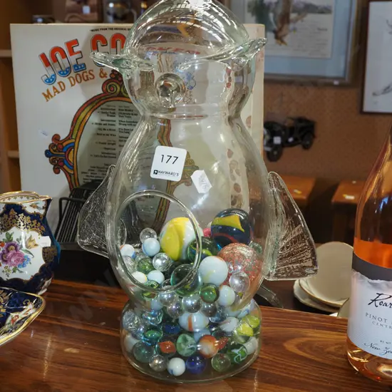 glass penguin container and marbles H320