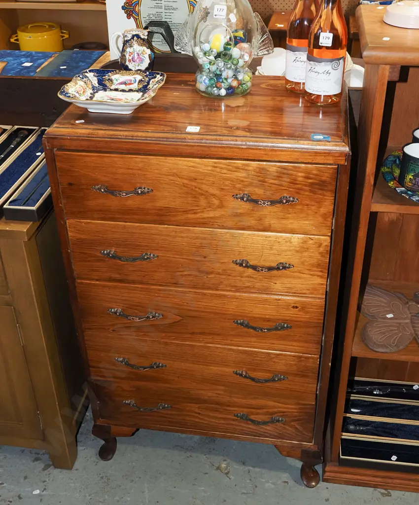 stained pine cab leg 5 drawer chest H1020 W610 D375 Image 1++