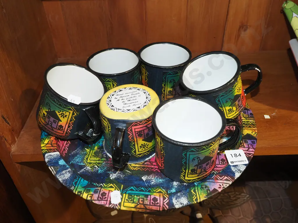 tin and enamel African style tray and cups Image 1++
