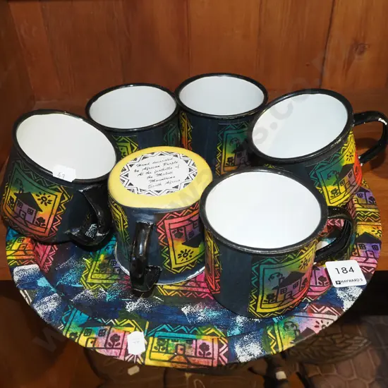 tin and enamel African style tray and cups