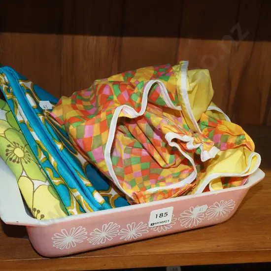 mid century pyrex cook ware, apron, tea cosies