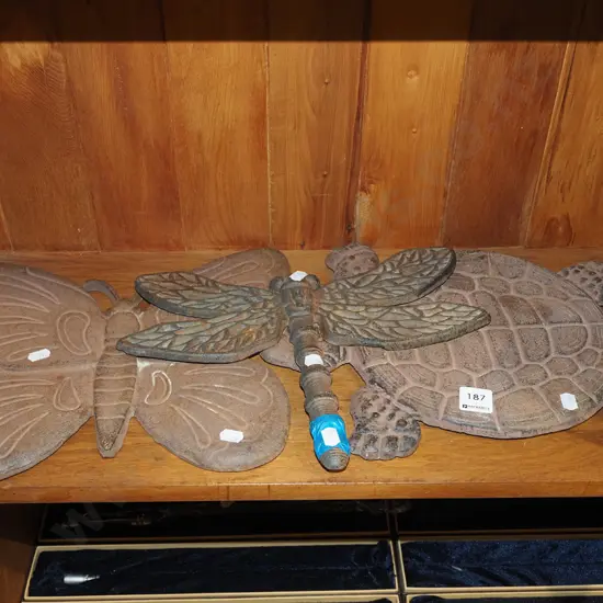 cast iron butterfly, dragon, turtle