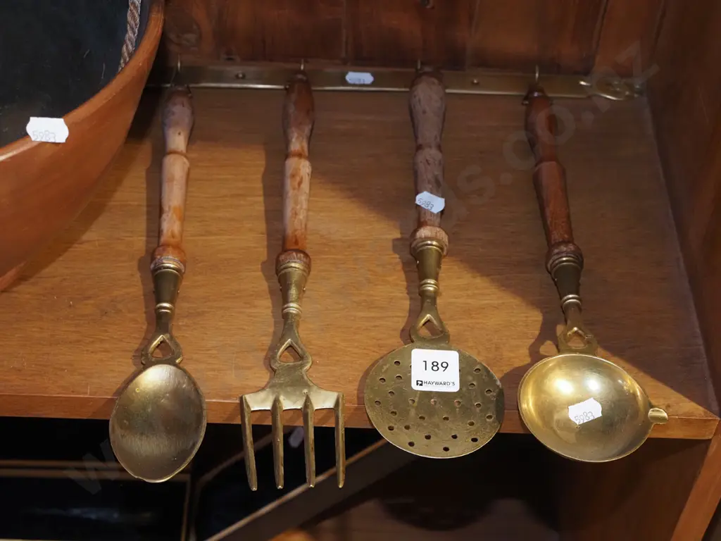wood and brass cooking utensils with brass rack Image 1++