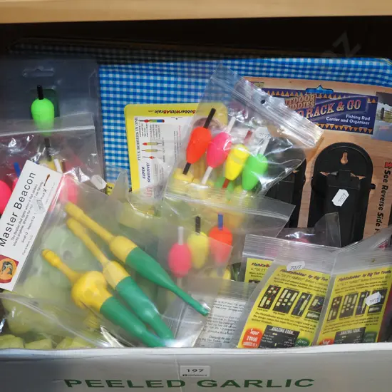 box; fishing floats, rod racks, plastic trays