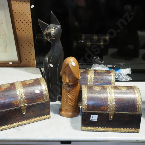 3x wood and brass bound barrel top chests, cat figurine, male figurine Cat H420