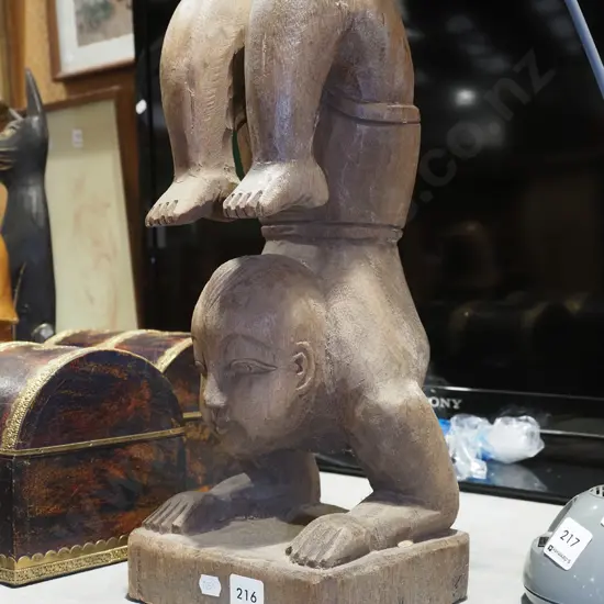 carved wooden acrobatic jardiniere stand H380