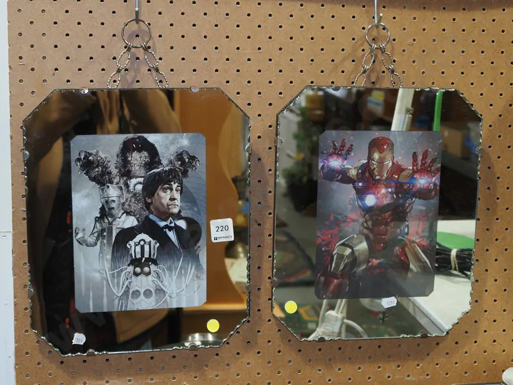 2x mirror framed prints - Dr Who, Ironman - yellow dots Image 1++