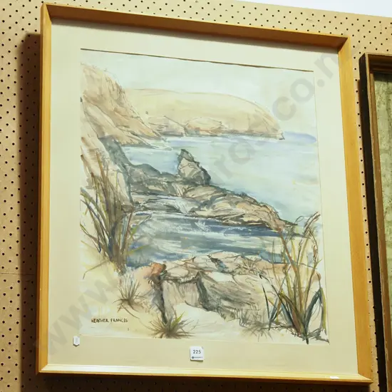 Heather Francis - framed watercolour - coastal scene - foxing