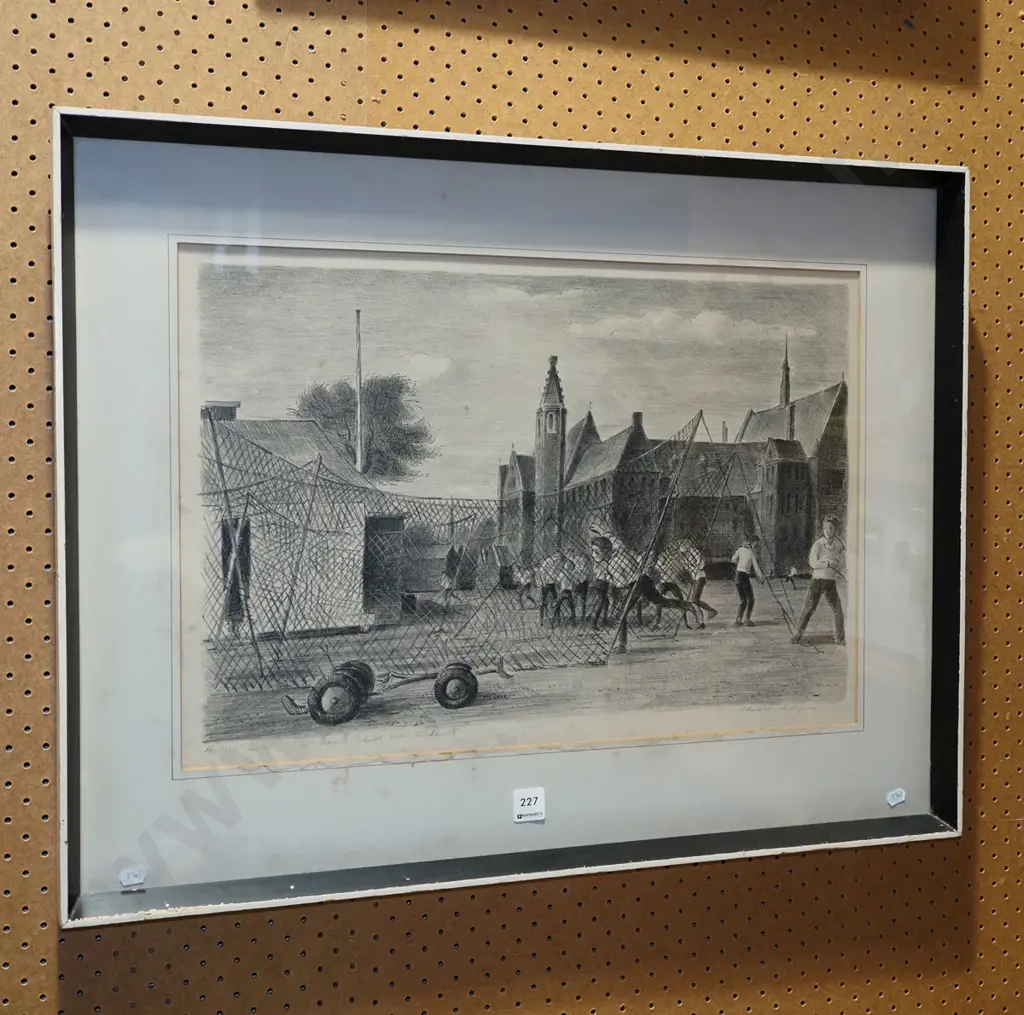framed Ardizzone A/P print - St Paul's School cricket practice (staining and foxing) Image 1++