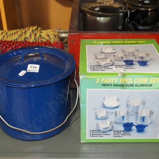 blue enamel lidded pail and aluminium 9 piece cook set