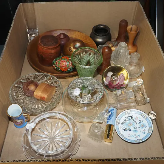 box; vases, lidded canister, glass paper weight etc