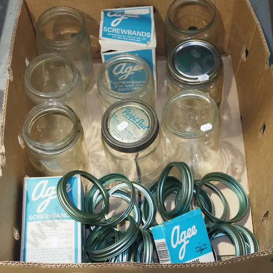 box; Agee jars and screw lids