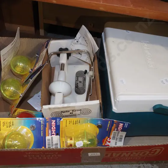 box; fishing floats, small chilly bin, spin loader