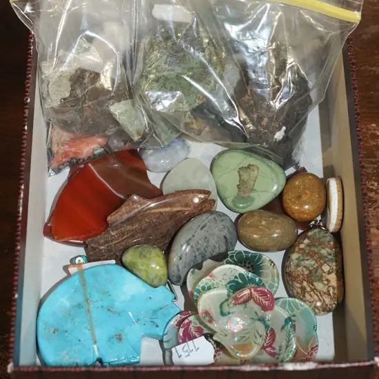 box; polished stones, brooch