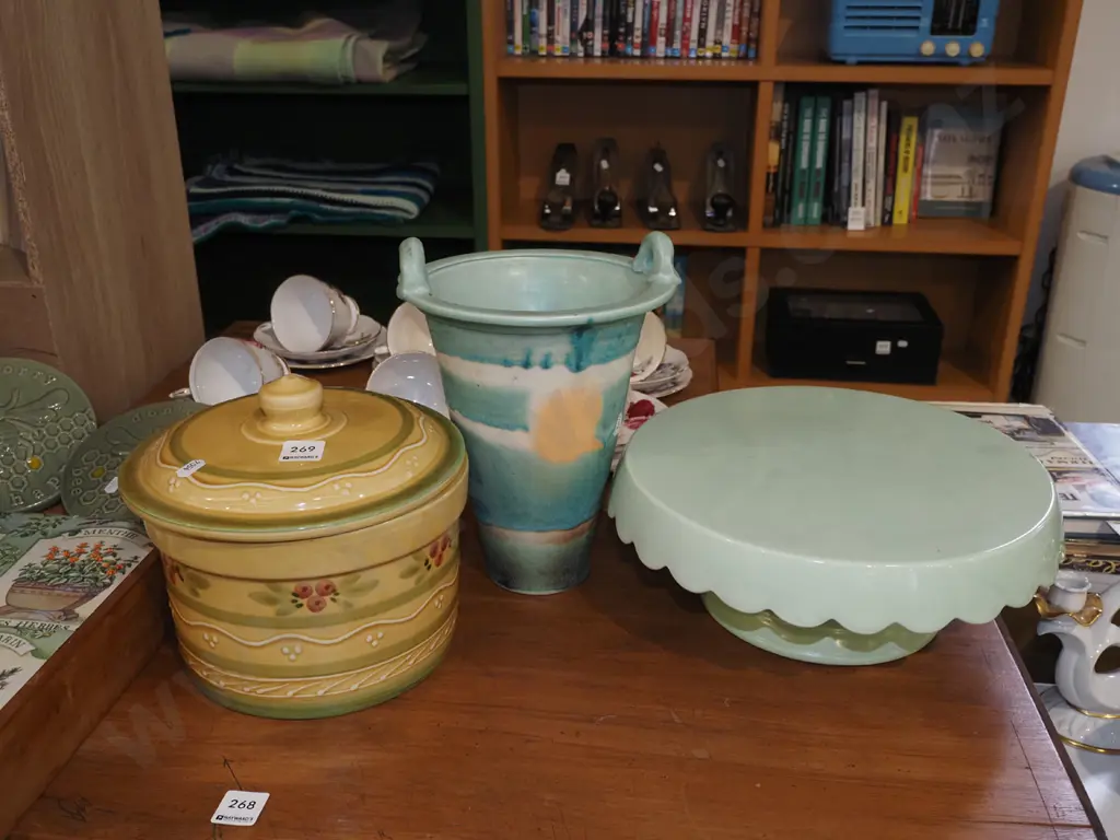 ceramic cake stand, vase, lidded canister Image 1++