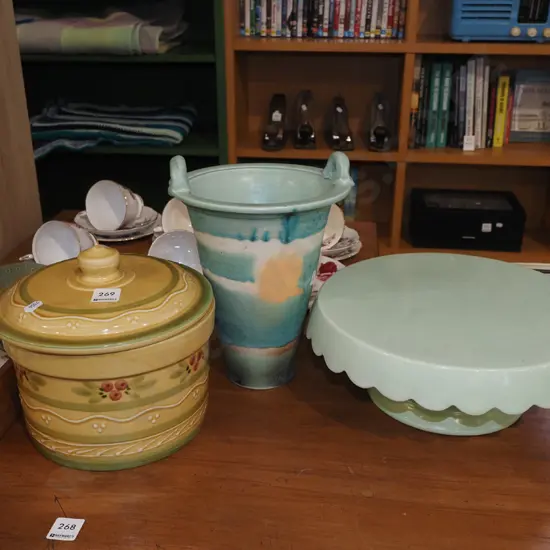 ceramic cake stand, vase, lidded canister