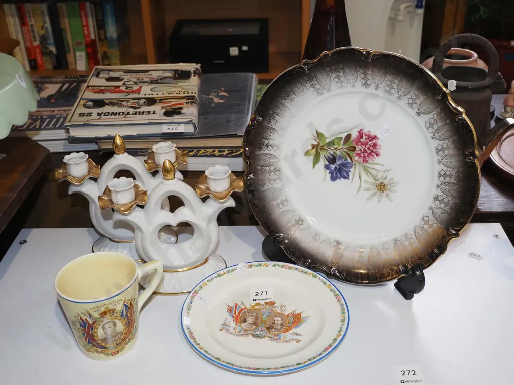pair of candelabra, royal memorabilia cup and plate and floral plate Image 1++