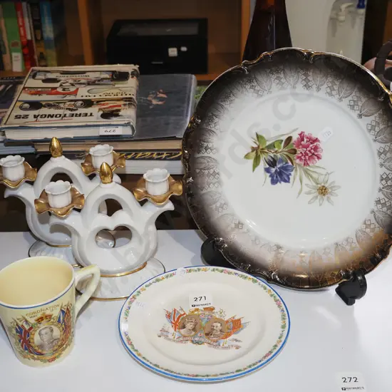 pair of candelabra, royal memorabilia cup and plate and floral plate