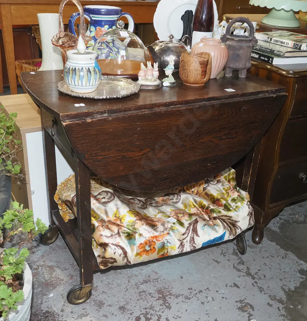 dark stained oak 2 tier tea trolley Image 1++