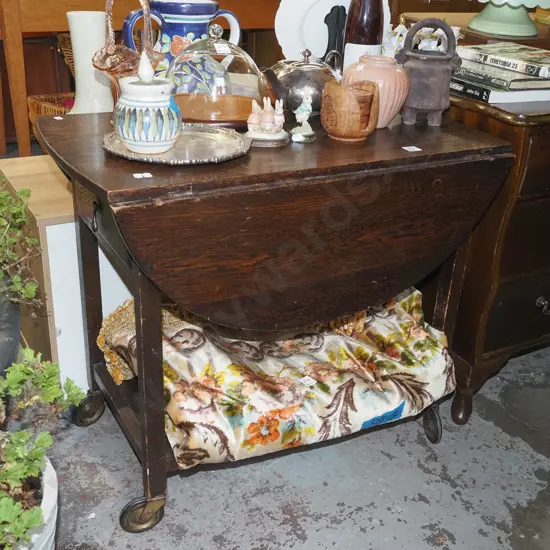 dark stained oak 2 tier tea trolley