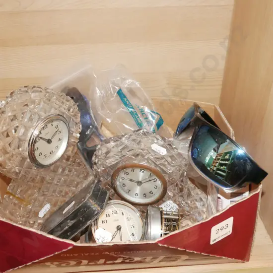 box; mantel clocks, clock parts etc
