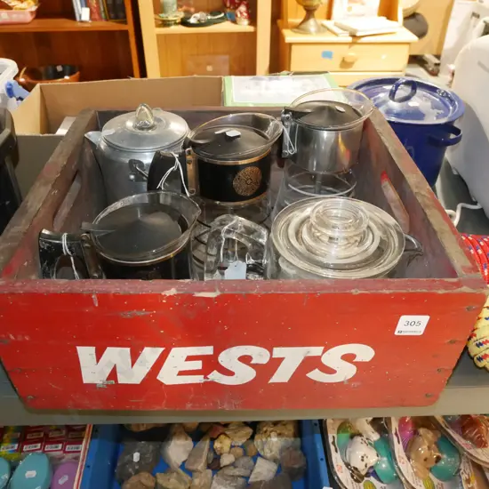 Wests wooden crate, stove top coffee percs