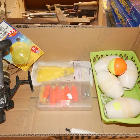 box; fishing floats, fishing reel