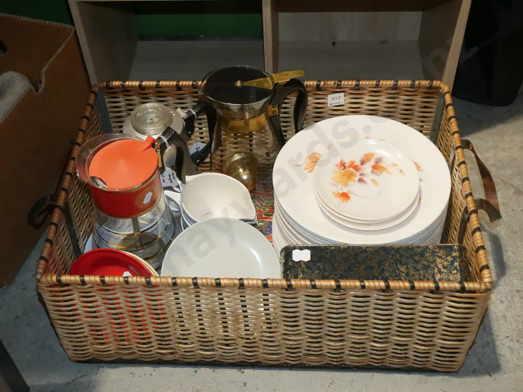 woven plastic basket; Dura Ware plates, coffee percs etc Image 1++