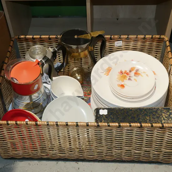 woven plastic basket; Dura Ware plates, coffee percs etc