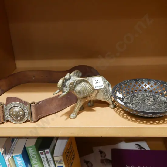 brass elephant, bowl, brass Boys Brigade buckle