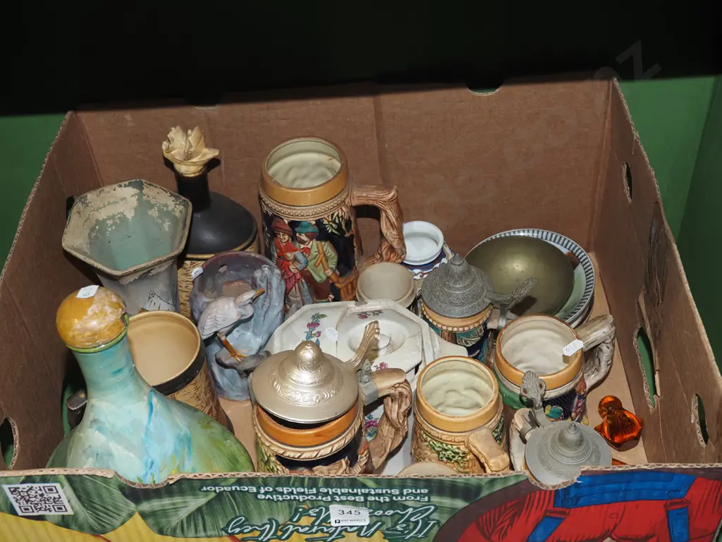 box ; beer steins, hand painted stoppered flask, bowls etc Image 1++